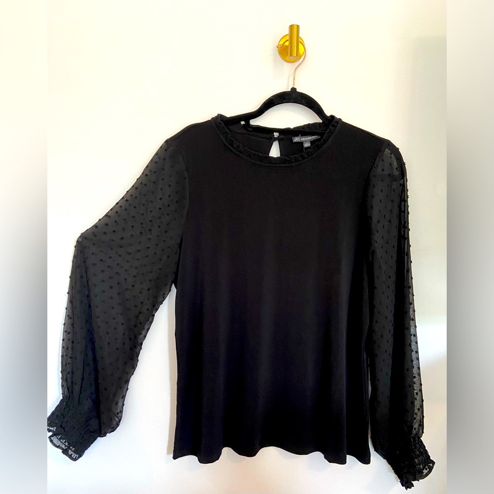 NEW Adriana Papell Swiss Dot Flounce Sleeve Frilled Neck Blouse